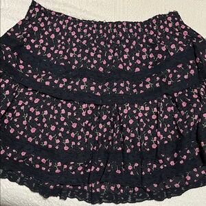 LoveShackFancy Black and Pink Floral Mini Skirt